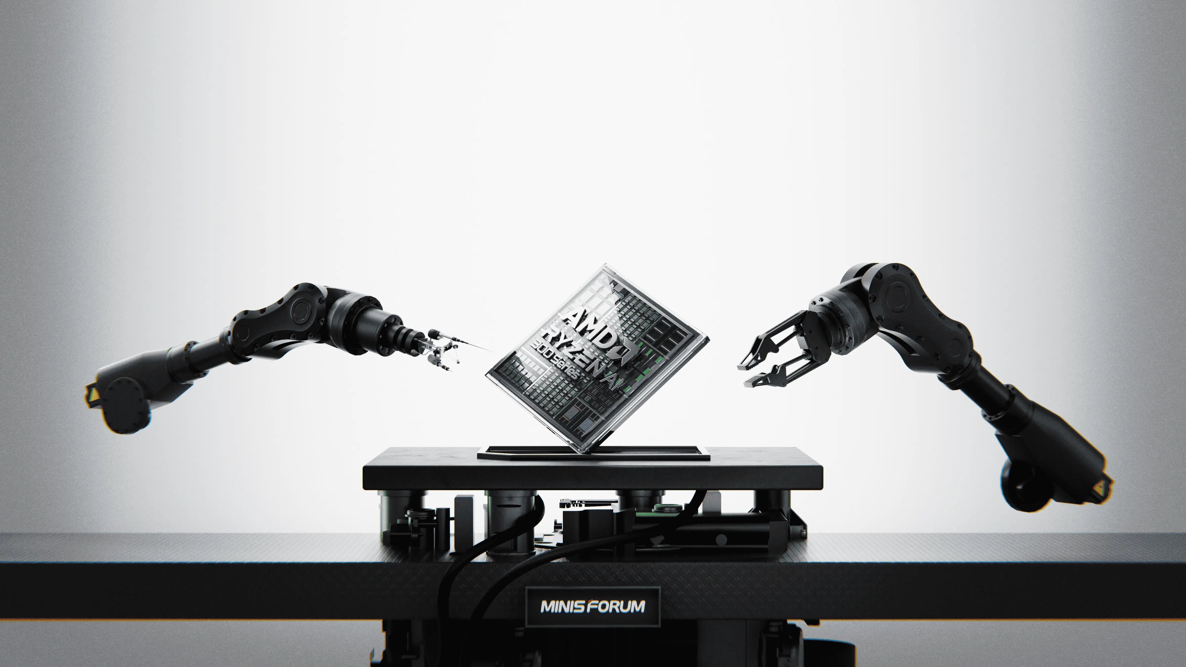 Robotic arms holding an AMD Ryzen AI 300 series processor on MINISFORUM platform.