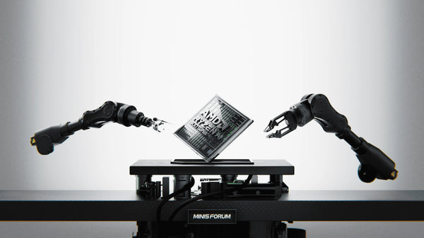 Robotic arms holding an AMD Ryzen AI 300 series processor on MINISFORUM platform.