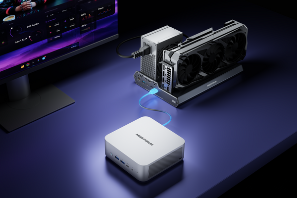 A compact MINISFORUM mini gaming pc connected via a glowing cable to an open-air OCuLink eGPU dock housing a full-sized desktop graphics card and power supply.