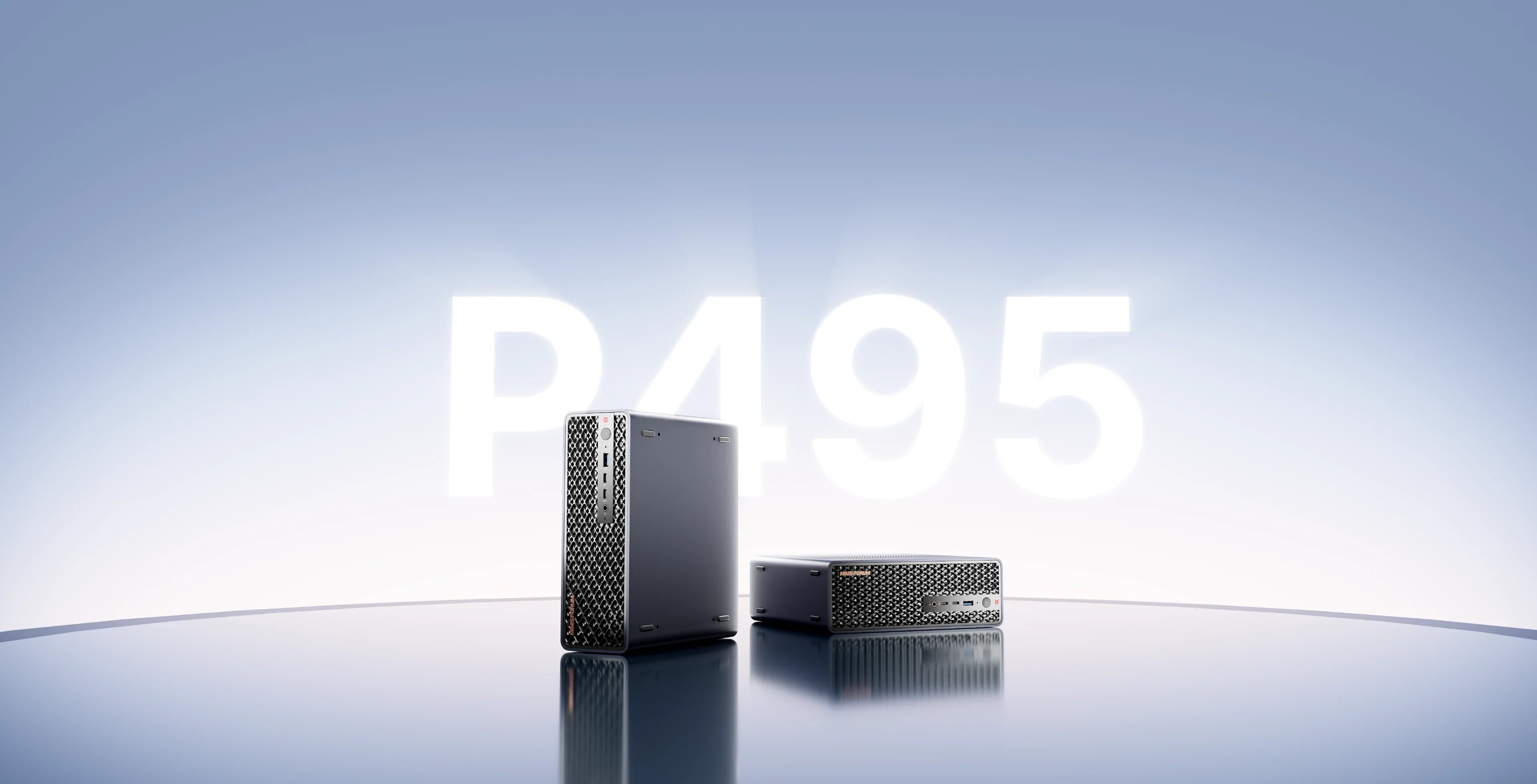 MINISFORUM MS-S1 MAX-P495 mini workstation displayed vertically and horizontally on a glowing background