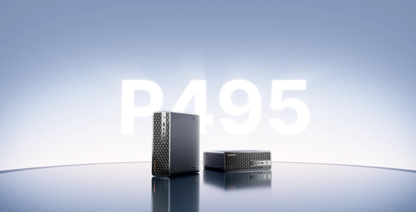 MINISFORUM MS-S1 MAX-P495 mini workstation displayed vertically and horizontally on a glowing background