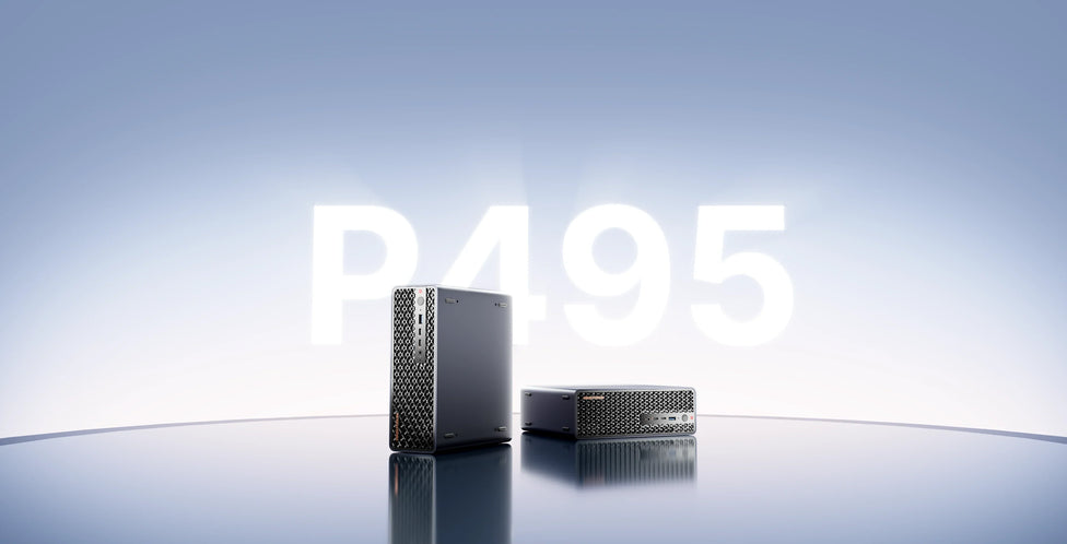 MINISFORUM MS-S1 MAX-P495 mini workstation displayed vertically and horizontally on a glowing background
