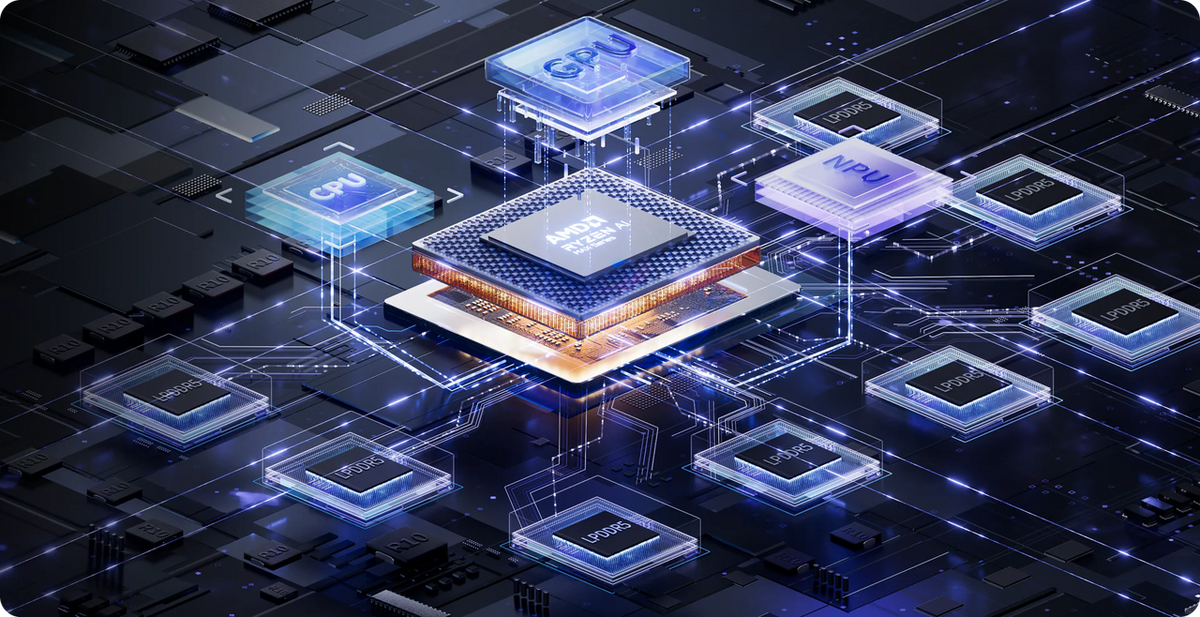 Ryzen AI Max+ 395 heterogeneous compute design with Zen 5 CPU cores, Radeon 8060S graphics, and AMD XDNA NPU